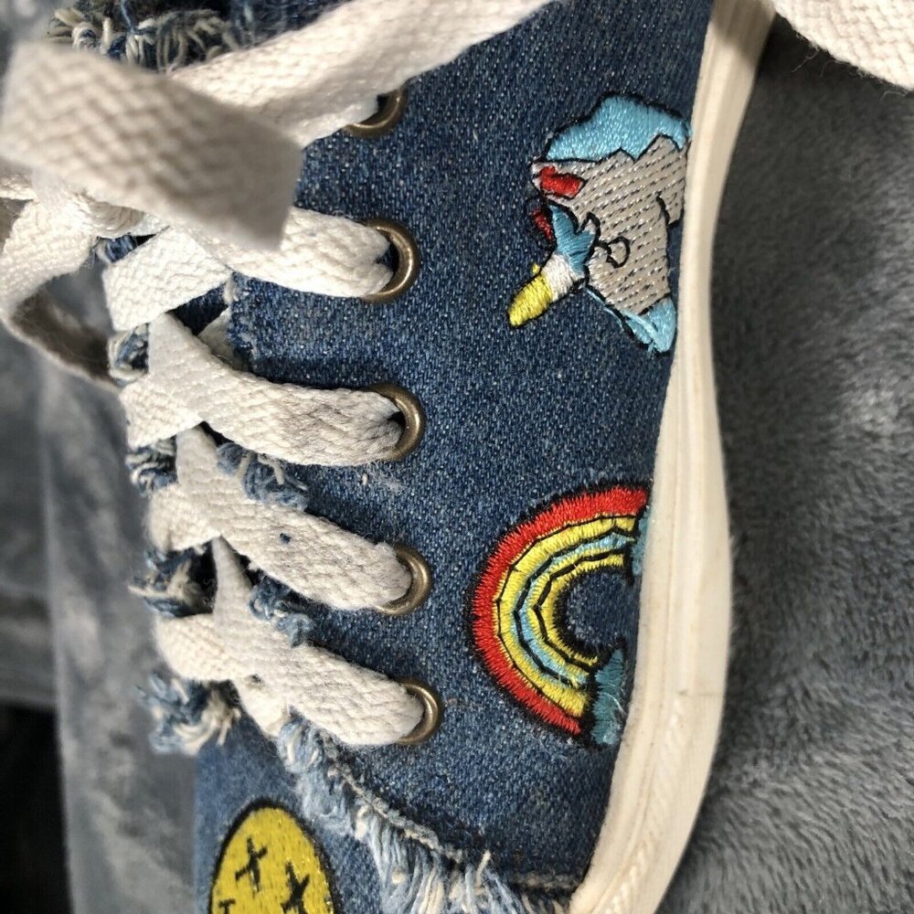 Denim Canvas Sneakers With Embroidered Smiley & Icons Frayed Detail - Picture 8 of 11